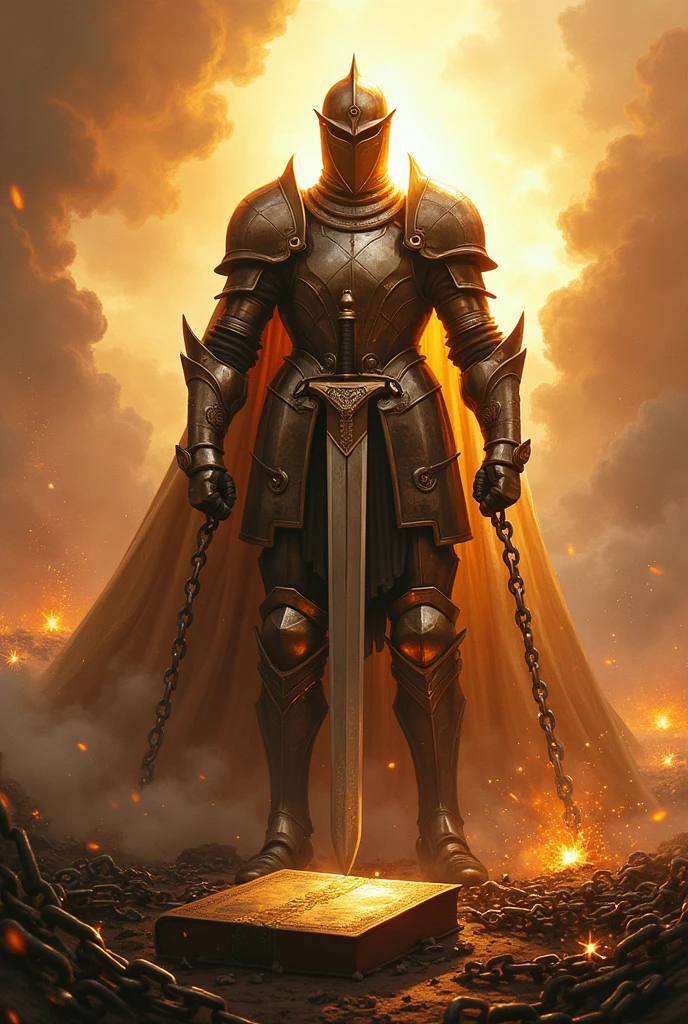 fund: A BACKGROUND OF BRIGHT SKY LIGHTS battle landscape, to create a sense of conflict and intensity.
soldier: At the center, a soldier in shining armor, with shimmering metallic details. Armor should be detailed, BRIGHT and imposing, reflecting light to create a glowing effect. YOUR FACE CANNOT SHOW Sword: The soldier is holding a sword firmly, and the blade should look sharp and powerful. The sword MUST be cutting chains that are falling apart around it. Chains can be represented with iron details, some breaking or falling apart.
chains: The mooring chains may be visibly breaking or being cut by the sword. You can show some of them falling to the ground and others still partially attached., to emphasize the act of liberation.
Additional Elements: ADD A BIBLE AT THE SOLDIER'S FEET , you can add details like glow around the sword, sparks of energy, or a subtle shine on the armor to increase the visual impact. PUT THE NAME OF THE AUTHOR DAMARIS MACHADO AT THE BOTTOM
