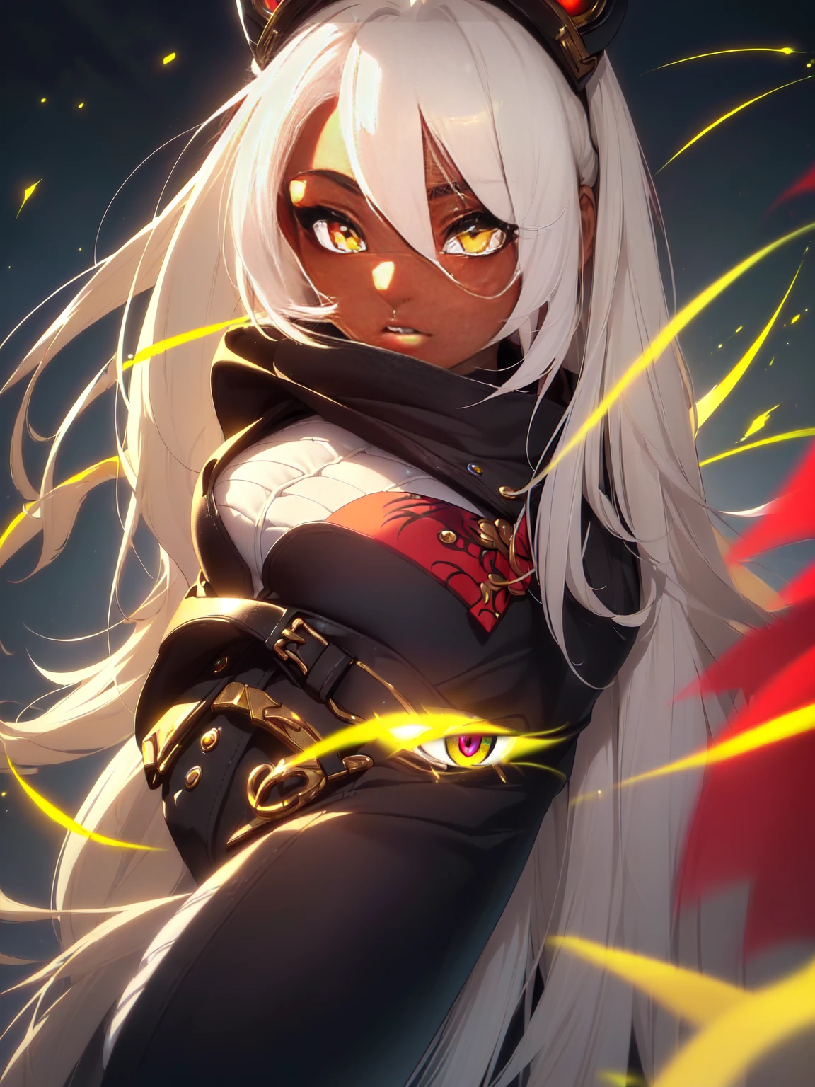 (best quality, 4k, high resolution: 1.2), anime, drawing, portrait, masterpiece, best quality, absurdities, (Official art, masterpiece, 8k, HD, ultra-detailed), ultra-detailed, portrait of a beautiful woman from dark skin, 32 years old, wearing combat gear, (heterochromia:1.3), red eyes on the right, heterochromia on the left yellow eye, details on the eyes, white eyelashes. A dark-skinned woman, dark skin, olive skin, tanned skin, (perfect anatomy:1.4), (highly detailed shading:1.2), perfect shadows, perfect lighting, hdr, cowboy photo, glowing skin, beautiful body, absurd resolution, CG wallpapers, beautiful face, detailed hands, expressive eyes, ((yellow left eye and red right eye:1.4)), AI-generated, Complex, High resolution, Highest quality, super high quality, 2D images、2D images, one person, Long white hair, ponytail, wavy hair, Anime woman posing for a photo, heterochromia, yellow left eye and red right eye、Bright eyes, a hyper-realistic, hyper-realistic anime woman, realistic, with long white hair, soft anime CG art, (dark skin: 1.3), mature body, (large breasts: 1.1)