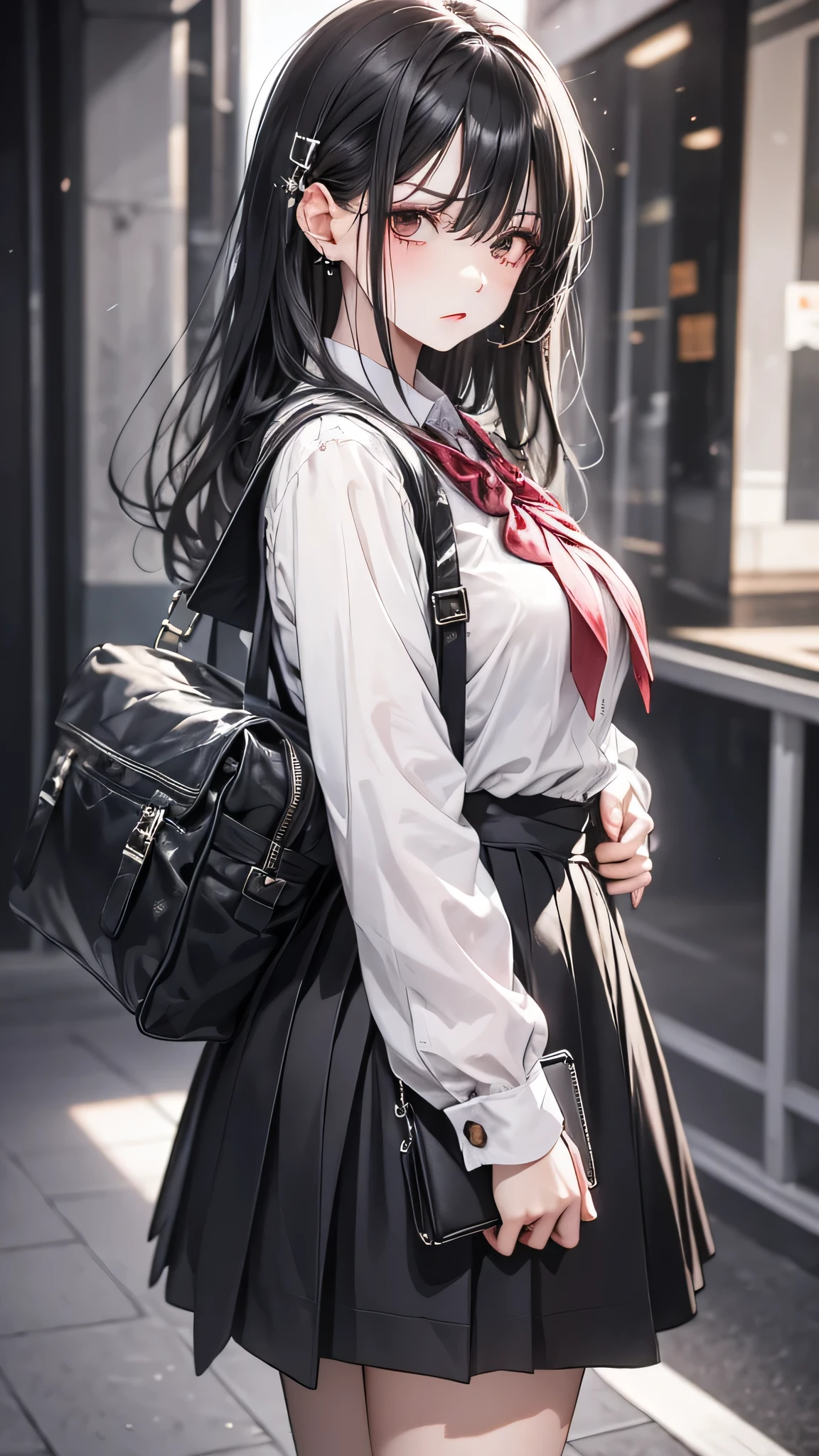 at school, , front, Long black hair, Black short skirt, bag, anger, Abusive, Very detailed, 4K