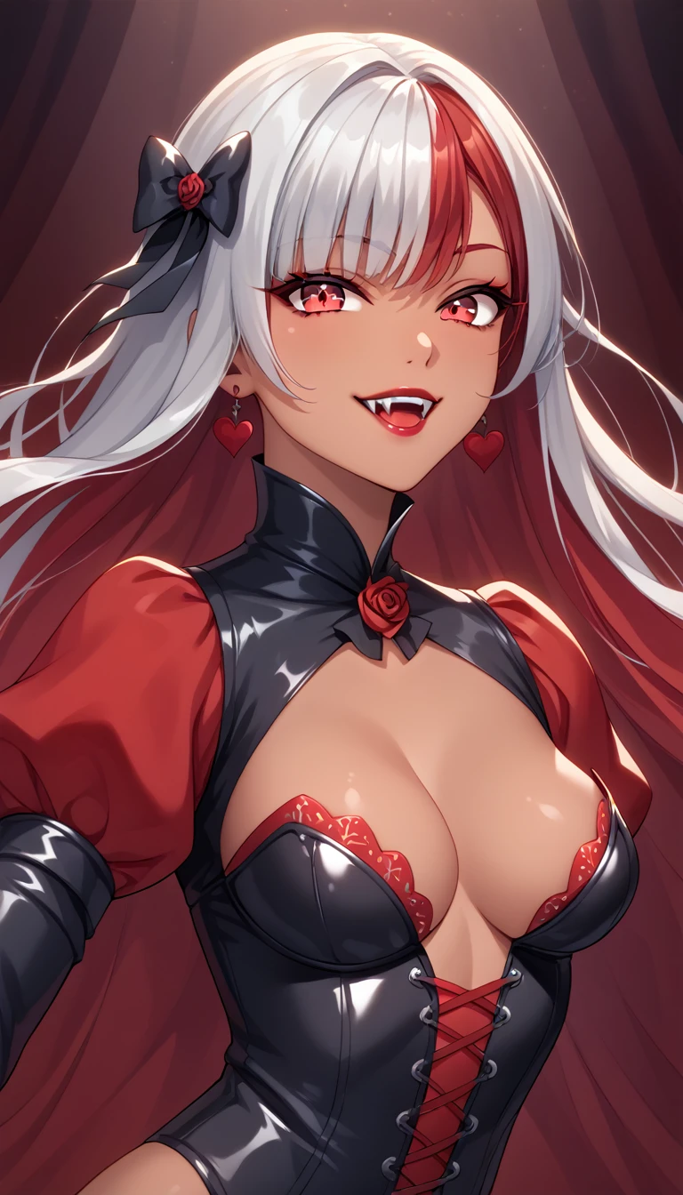 1 Girl, Vampire, Medium Breasts, Dark Red Hair, Silver Highlights In Hair, Vampire Hair Style, Long Hair, Red Vampire Eyes, Tanned Skin, Smooth Skin, Soft Features, Nice Lips, Insane Smile, Cute Face, Vampire Outfit, Royal Vampire, Upper Body Shot, 