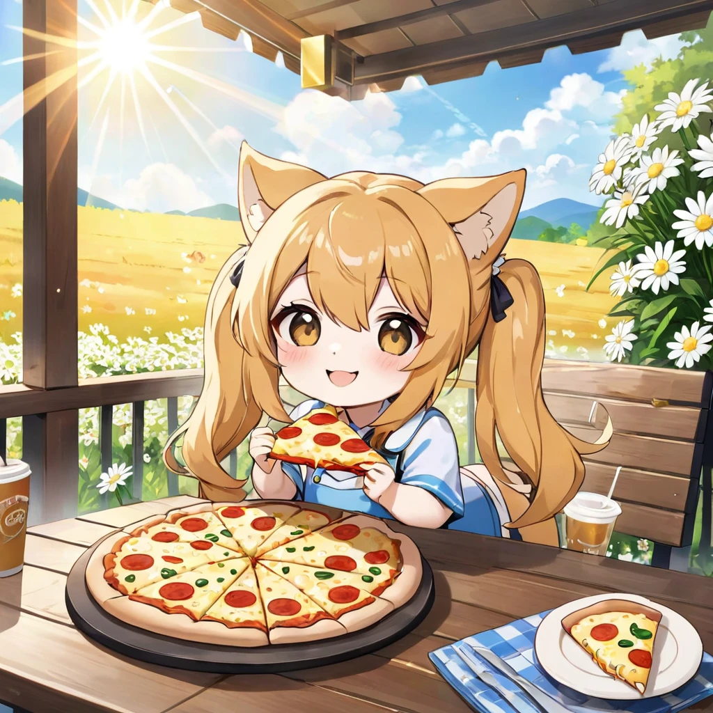 In a cozy apartment kitchen, a chibi character with short, feminine blonde hair and innocent green eyes dons a Saberlion costume, transforming into a whimsical lion. The lion's mane cascades in golden waves, framing her happy, hungry expression as she sits in a chair, joyfully devouring a delectable meal. The vivid colors and playful details create a delightful fusion of reality and fantasy, capturing the charm of a lion cosplay moment.