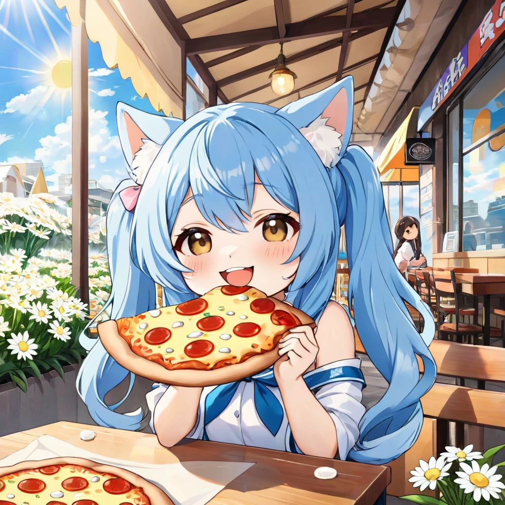 Light blue long hair、Cute chibi character with twin tails、Eating a big pizza、A deliciously beautiful smile、Cheese is smeared all over his cheeks.、A bright cafe with lots of sunlight、A lot of white daisies are displayed、My beloved Shiba Inu is with me.