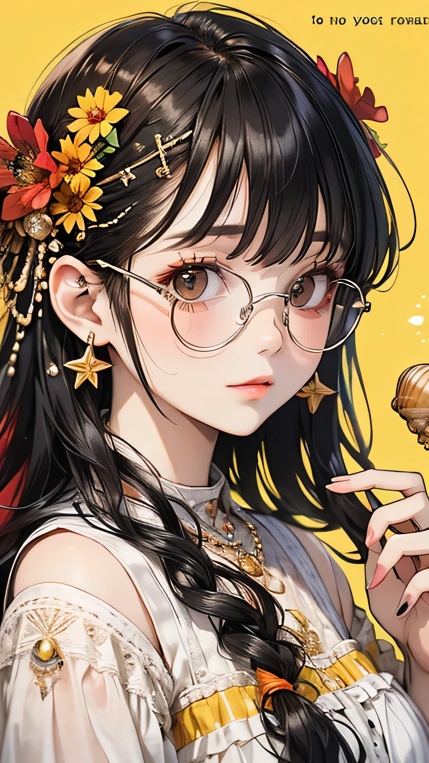 Absurd, High resolution, Super detailed, One person, alone, Very fine grain, Starfish, seashell, shell, flower, Have, hair ornaments, jewelry, straw Have, View your viewers, sunglasses, Have flower, straw, Hair Clip, earrings, red flower, Colored glasses, yellow flower, bangs, English text, Multicolored Hair, orange flower, Black Hair, ring, cup, Long Hair, orange-Colored glasses, food, Brown Hair, Portraiture, shell hair ornaments