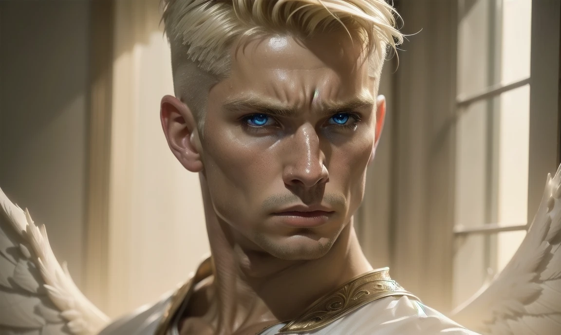 [((highly detailed, detailed eyes, detailed face, clear and realistic facial features, photorealistic, realistic light, cinematic, facing the viewer)), (1 man), (((((Gorgeous sexy powerful masculine male angel))))), (((two wings, both wings showing behind his back))), ((((short blond hair)))), ((((very pale eyes with white iris)))), ((35 years old)), ((wearing flattering angelic clothes)), (((aura of divine power))), standing in a cozy apartment at nighttime, ((light blush)), (((((wearing a clearly irritated expression)))))]
