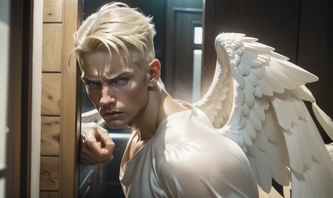 [((highly detailed, detailed eyes, detailed face, clear and realistic facial features, photorealistic, realistic light, cinematic, facing the viewer)), (1 man), (((((Gorgeous sexy powerful masculine male angel))))), (((two wings, both wings showing behind his back))), ((((short blond hair)))), ((((very pale eyes with white iris)))), ((35 years old)), ((wearing flattering angelic clothes)), (((aura of divine power))), standing in a cozy apartment at nighttime, ((light blush)), (((((wearing a clearly irritated expression)))))]