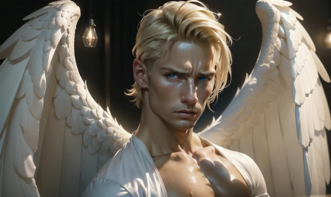 [((highly detailed, detailed eyes, detailed face, clear and realistic facial features, photorealistic, realistic light, cinematic, facing the viewer)), (1 man), (((((Gorgeous y powerful masculine male angel))))), (((two wings, both wings showing behind his back))), ((((short blond hair)))), ((((very pale eyes with white iris)))), ((35 years old)), ((wearing flattering angelic clothes)), (((aura of divine power))), standing in a cozy apartment at nighttime, ((light blush)), (((((wearing a clearly irritated expression)))))]
