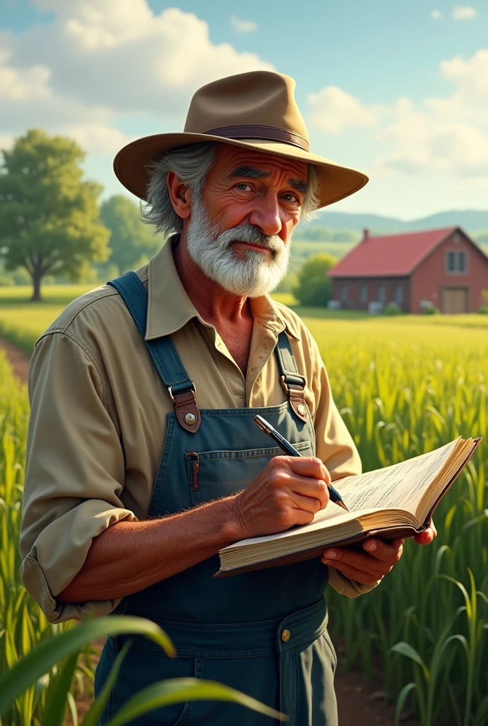 a farmer man making notes in his notebook