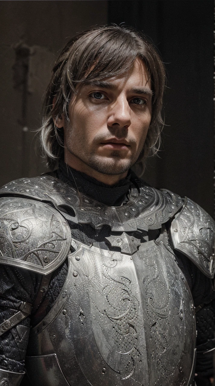 medieval knight, man in armor, man without helmet, 40 years old, silver hair and beard, cold blonde, low angle shot, head tilted up, portrait, stern gaze, majestic appearance, (best quality,4k,8k,highres,masterpiece:1.2),ultra-detailed,(realistic,photorealistic,photo-realistic:1.37),highly detailed facial features,extremely detailed eyes and face,intricate armor details,studio lighting,physically-based rendering,dramatic lighting,cinematic composition,epic,dark fantasy