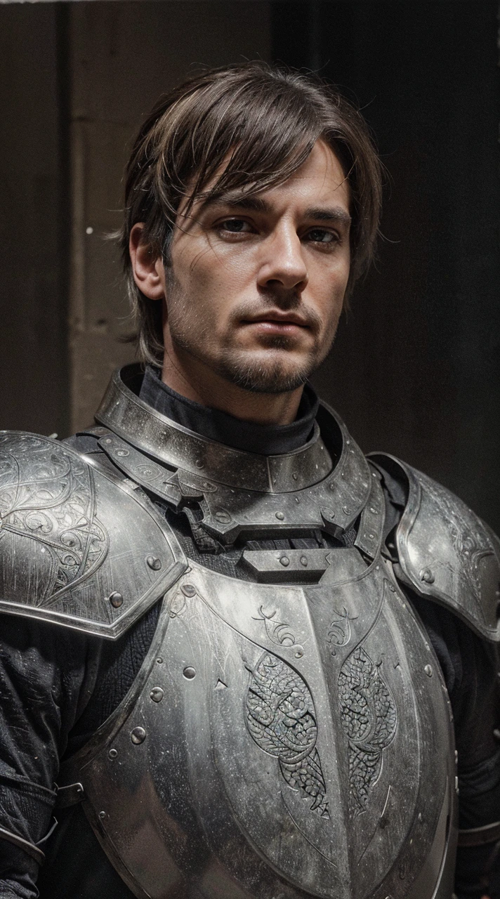 medieval knight, man in armor, man without helmet, 40 years old, silver hair and beard, cold blonde, low angle shot, head tilted up, portrait, stern gaze, majestic appearance, (best quality,4k,8k,highres,masterpiece:1.2),ultra-detailed,(realistic,photorealistic,photo-realistic:1.37),highly detailed facial features,extremely detailed eyes and face,intricate armor details,studio lighting,physically-based rendering,dramatic lighting,cinematic composition,epic,dark fantasy