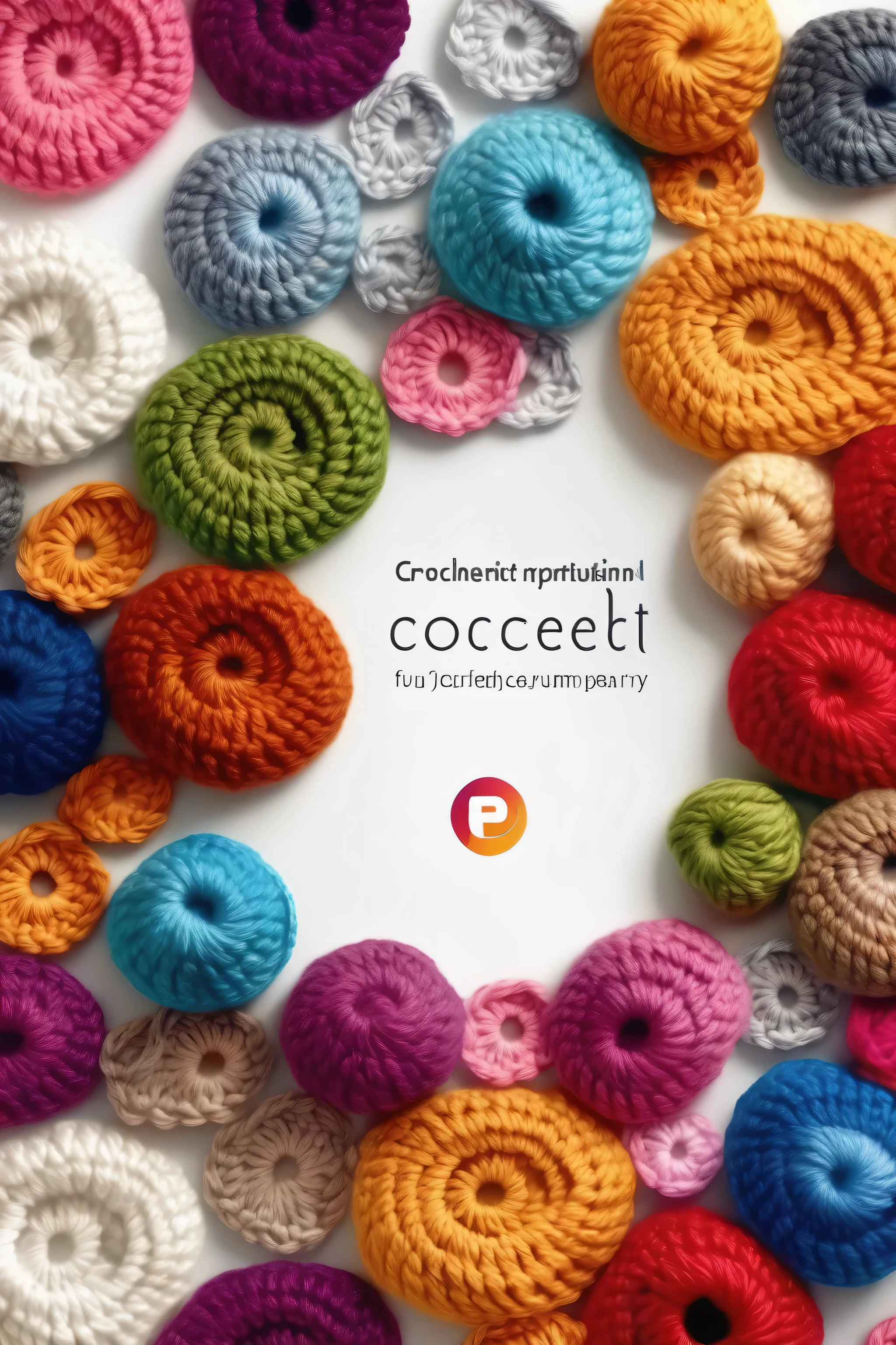 CROCHETED - crochet company logo with colored wool, white background