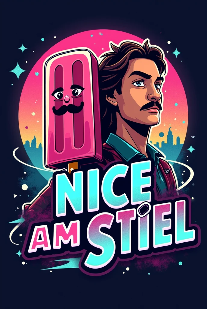 i need  a significant logo for a YouTube channel which contains topics like movies, action figures, cosplays, video games and pop culture. the name of channel is NICE AM STIEL which is a german pun for a popsicle which means EIS AM STIEL in german. please visualize a proper logo with the likeness of a popsicle and everything I mentioned in the description. Be sure that the logo looks like two 80's characters kike Bill & Ted from the movie BILL AND TED'S EXCELLENT ADVENTURE made out of popsicle, one has a mustache and a light skin tone the other has long hair and a brown skin tone but most importantly the Logo as to feature the name NICE AM STIEL 
