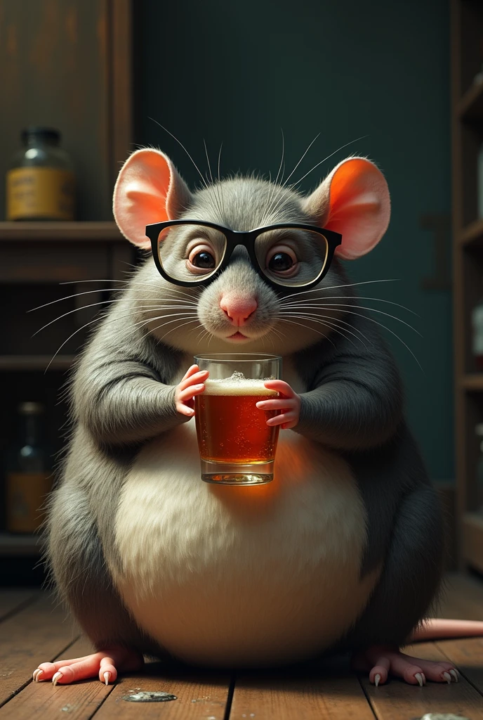 Create an image of a fat rat wearing glasses and drinking