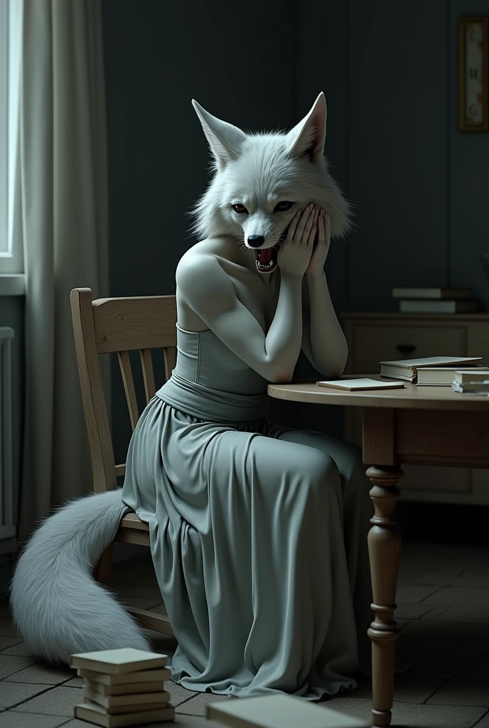 A coyote sits on a table in a skirt and cries with his mouth open and tears. 8k photography. Details. masterpiece. The grey skin and hair look real. Minimum light. Bedroom room. humanoid. Female Coyote. woman body. tears. Sitting at the table with books in front of her. Open mouth lamenting crying