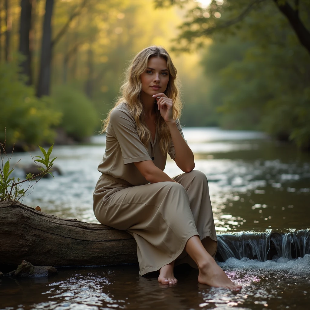 Nikon Z85mm, beautiful, 20 year old elegant luxury supermodel, Blonde, Exposing my bare feet to the flow of the river、Light grey eyes, ((Skin with attention to detail, Skin Details)), Sharp focus, 8K Ultra HD, Digital SLR, high quality, Gorgeous Russian Face, smile, Photorealistic, Wear good hiking clothes. beautiful wavy hairstyle. sitting gracefully and modestly on a log in the woods. Warm atmosphere