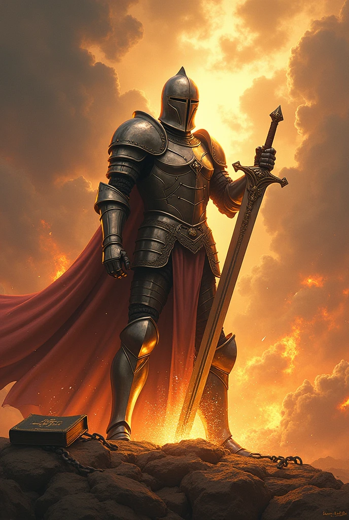 fund: A BACKGROUND OF BRIGHT SKY LIGHTS battle landscape, to create a sense of conflict and intensity.

soldier: At the center, a soldier in shining armor, with shimmering metallic details. Armor should be detailed, BRIGHT and imposing, reflecting light to create a glowing effect. YOUR FACE CANNOT SHOW Sword: The soldier is holding a sword firmly, and the blade should look sharp and powerful. The sword MUST be cutting chains that are falling apart around it. Chains can be represented with iron details, some breaking or falling apart.

chains: The mooring chains may be visibly breaking or being cut by the sword. You can show some of them falling to the ground and others still partially attached., to emphasize the act of liberation.


Additional Elements: ADD A BIBLE AT THE SOLDIER&#39;S FEET , you can add details like glow around the sword, sparks of energy, or a subtle shine on the armor to increase the visual impact.  PUT THE NAME OF THE AUTHOR DAMARIS MACHADO AT THE BOTTOM 