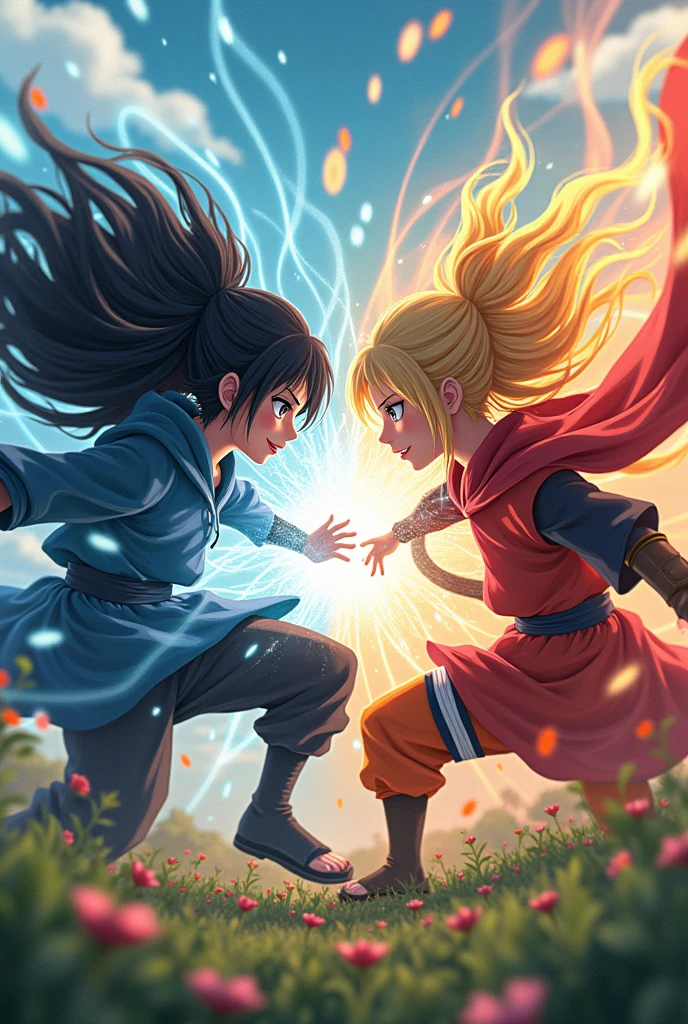 Female Naruto vs Sasuke fighting ,female version, Disney Pixar style long hair.