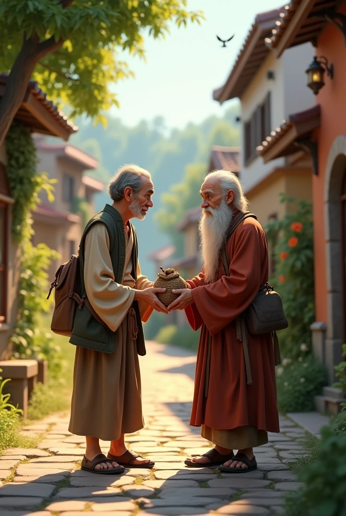 poor old man delivers the bag to the village elder with trust , 3d animation ,disney inspired, 8k