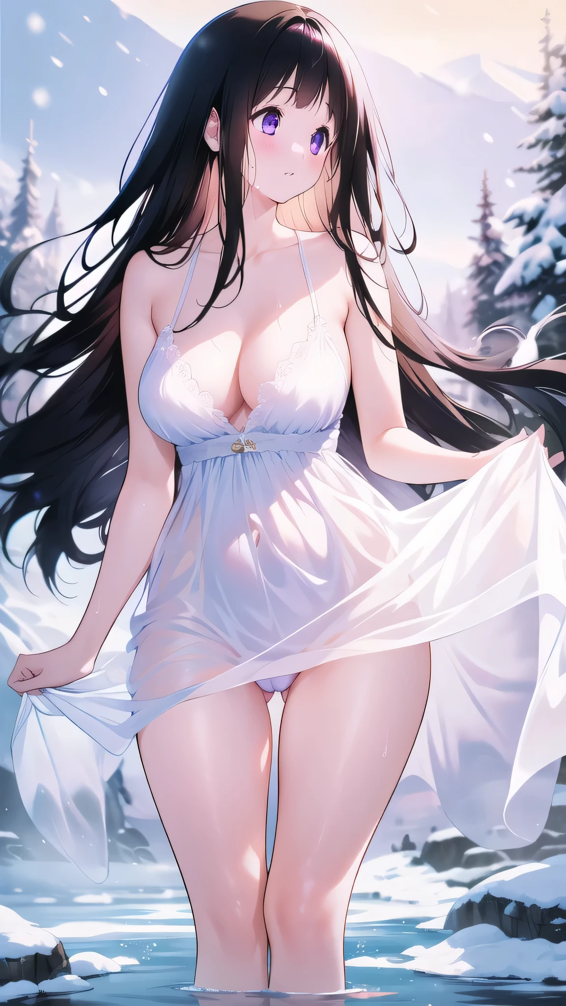Chitanda,There is only one beautiful girl,Purple Eyes, Black Hair, Natural straight hair, Straight bangs,Extremely refined,open your lips,Face is so red,Very white skin,Skin as delicate as porcelain,Glowing skin,big eyes,Flowing long hair,beautiful girl, Like a dream,Slim,Slim waist,soft, (sensuous), (Kawaii), Dream quality,Sweaty and sweaty,Wet skin,Side breasts,snowflake,Playing in the snow on the snow mountain,Looking up,Looking up,Falling to the ground,Thighs clamp hands,It's covered in water,Hands reach into your pants,White transparent dress,Profile,(Completely naked),Gluteal groove,The outline of the breasts is visible through clothing,Completely naked back,nacked hip,very close,Deep V neckline,Loose neckline,Beautiful big breasts,No pants,nopan,no pants,Bare shoulders,There are no shoulder straps,Exposed collarbone,Delicate clavicle,Delicate hands and feet,Bare neck,There are no clothes around the neck,Bare thighs,Exposed groin,Camel toe,extremely shy,Ultra-high resolution, (masterpiece:1.2, best quality), (Delicate and beautiful eyes: 1.2), (Beautiful and delicate face)