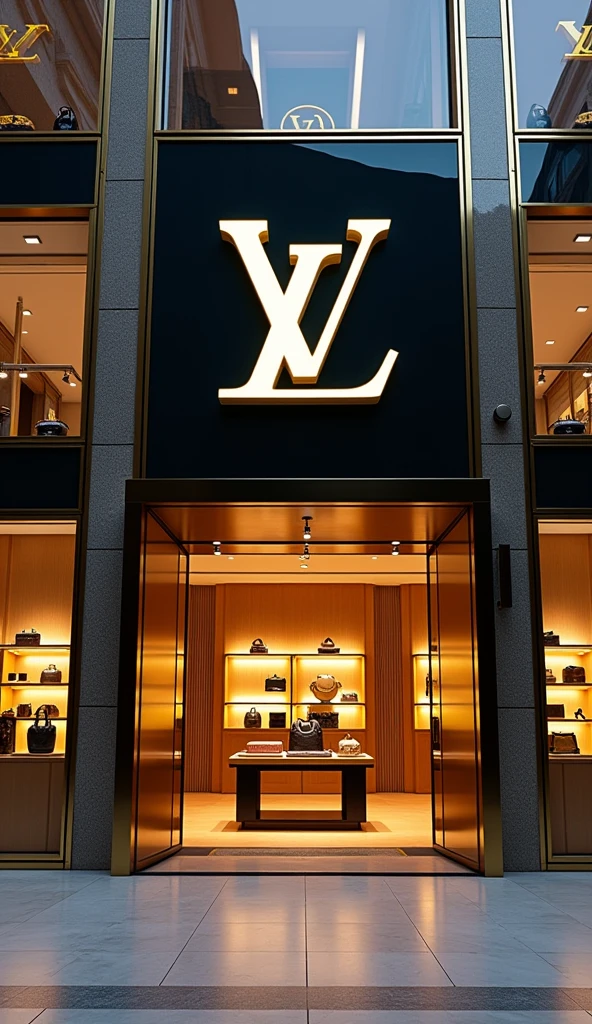 "In the heart of the shopping center, A Louis Vuitton store attracts attention with its elegant facade of dark glass and gold frames, which display the iconic Louis Vitton letters in large. To enter, The store is illuminated with a soft glow, where the display cases show the impressive collection of handbags, wallets, shoes and accessories of the brand."