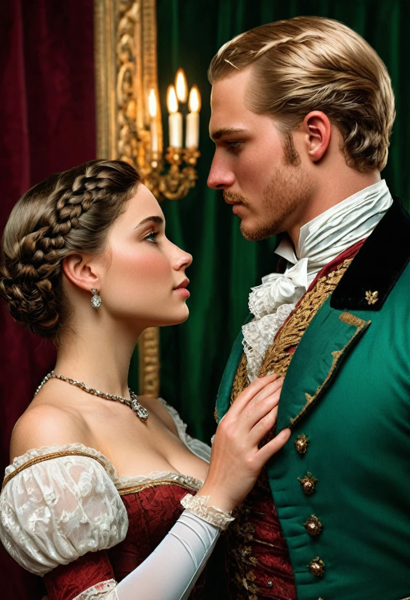 Super handsome man and woman Victorian era. White man, about 26 years old, very handsome and manly with a kind look, very tall, buzz cut, blue eyes, blonde hair, looking alike Drew Starkey the actor. With a 24-year-old woman of colour, Tyla looking alike, dark skin, with brown eyes, a diamond beautiful face, very beautiful, braids, dark hair, perfect breasts red victorian regency dress, short height, almost kissing, touching their lips and looking at each other with love, showing that rapport between them. and in the background something emblematic of the Victorian era. all very detailed, deep green backround.