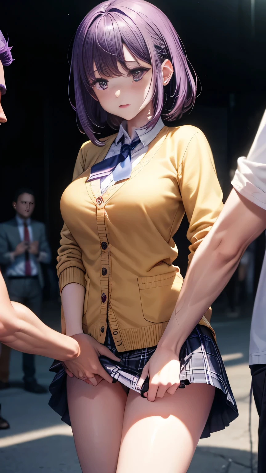 (Very detailed CG Unity 8K wallpaper),(masterpiece), (Highest quality), (Very detailed), (Best illustrations),(Best Shadow)、Large Breasts、crowd、(1. Having her skirt lifted by two men.2)、Embarrassed and blushing。Purple eyes and very short purple hair、White blouse、Blue tie、Checked mini skirt、Beige cardigan、Dynamic Angle