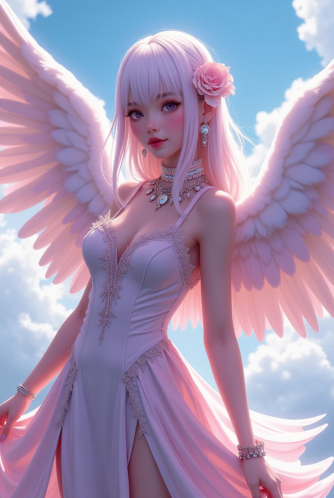 Gtirthura the winged angel, Wearing mix of modern clothing and pastel-goath dress,
Anime style