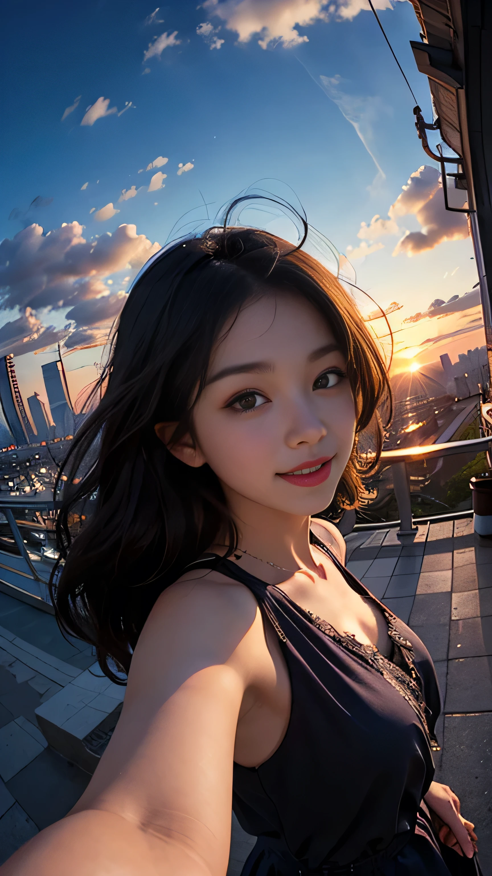 One girl, Korean, Fisheye Lens, Selfie, Wind, Messy Hair, sunset, Cityscape, (Aesthetics and atmosphere:1.2),smile