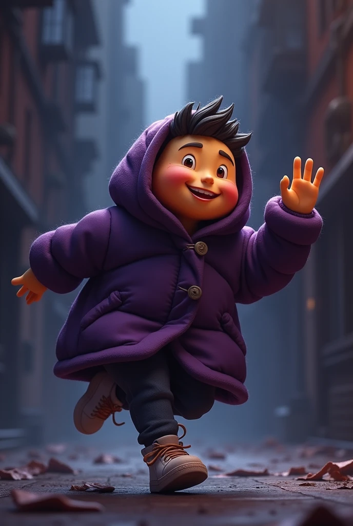 Memoji moving around in dark purple coat smiling with dirty sneakers in hand