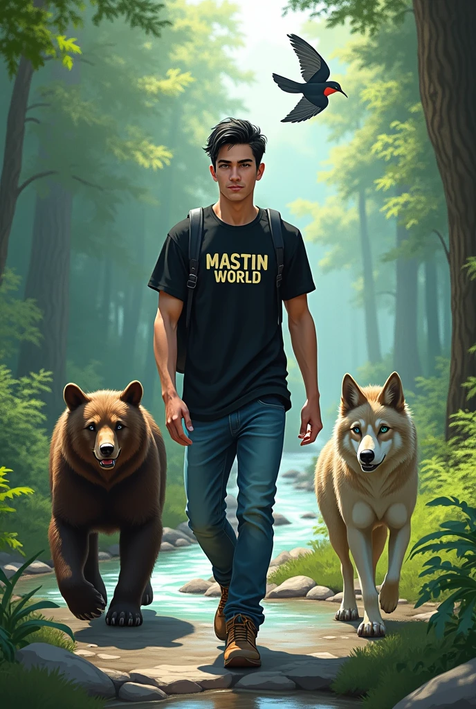 A 30-year-old man with black hair, short cap , very white complexion,green eyes , walking in profile , jeans dress , Mountain boots , Black T-shirt with the legend MASTIN WORLD, At his side walk a bear and a wolf and a swallow flies above him , They go into the forest and you see a river like a kekas
