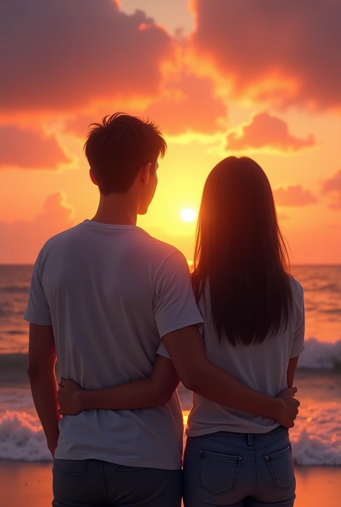 Please create a couple with straight brown hair and brown skin watching a sunset in front of the beach They look at the sun