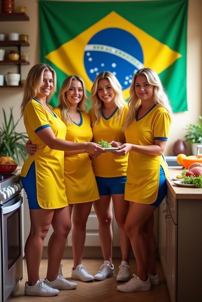 make an image with beautiful blonde women dressed in the uniform of the Brazilian football team (yellow shirt and blue shorts) getting food in the kitchen each one has to have an apron over their shirt as they are players, the legs need to be thicker and the breasts bigger, the thinnest hips they have to be smiling and looking at the photo, show more of the kitchen the brazilian flag has to be in the background of the image