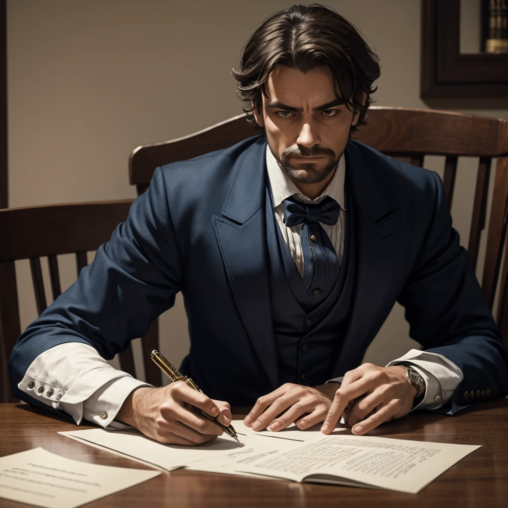 Victorian style man sitting at a table.writing with a pen on a paper with a passionate look