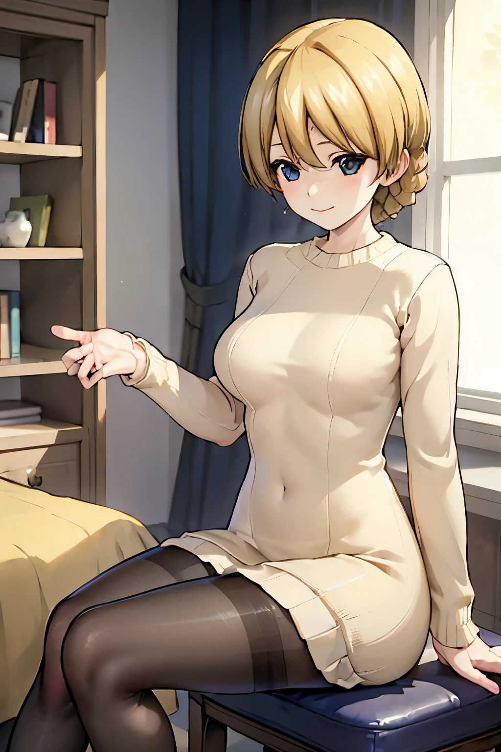 (Highest quality:1.1), (masterpiece:1.4), (Absurd:1.0), 
One Girl, Darjeeling、Golden Hair、Short Hair、Medium chest、Looking at the audience、Bedroom、(blush:1.2)、Embarrassed expression、((pantyhose))、((Knitted dress))、((sit))、