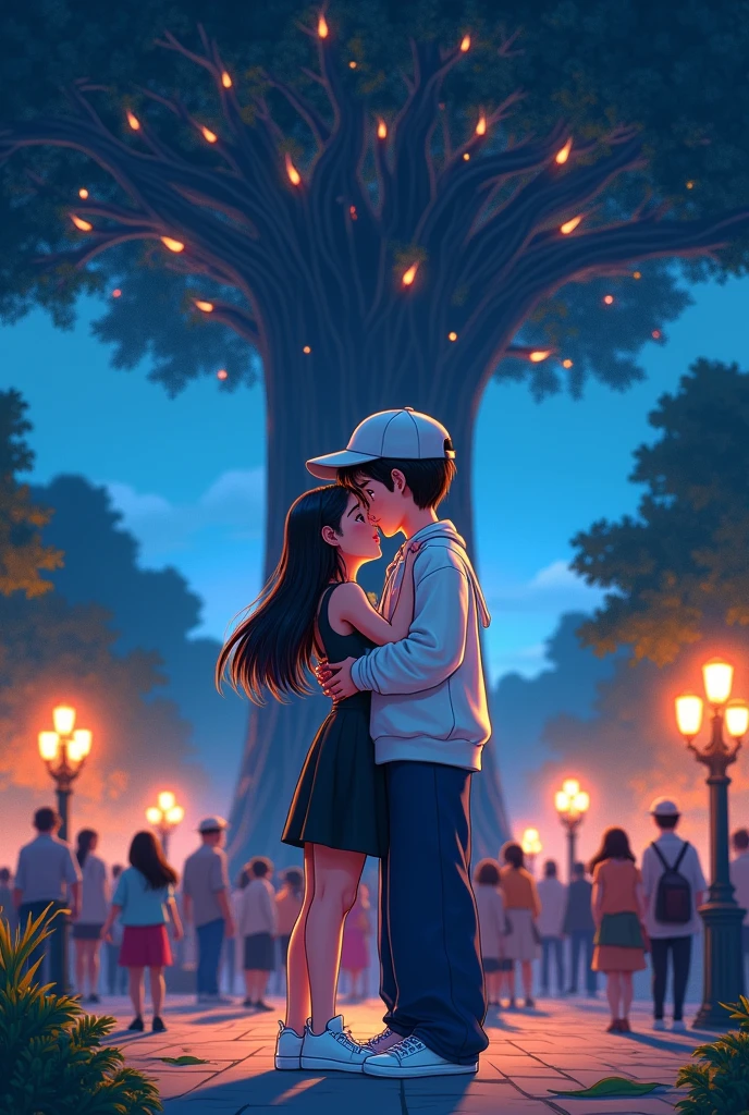 disney pixar cover, a girl in a black sleeveless dress white sneakers, Long straight hair hugging her partner from her shoulders who has a white cap and a slightly thick white jacket. He also has wide dark blue pants that reach his ankle and white shoes., He hugs the girl around the waist as they look at each other, Behind it is a large navisa tree surrounded by people and it is at night where the splendor of the tree is impressive