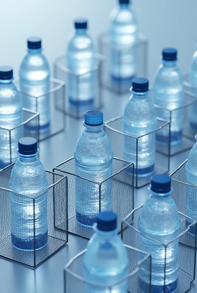Water bottles in wire mesh cubes