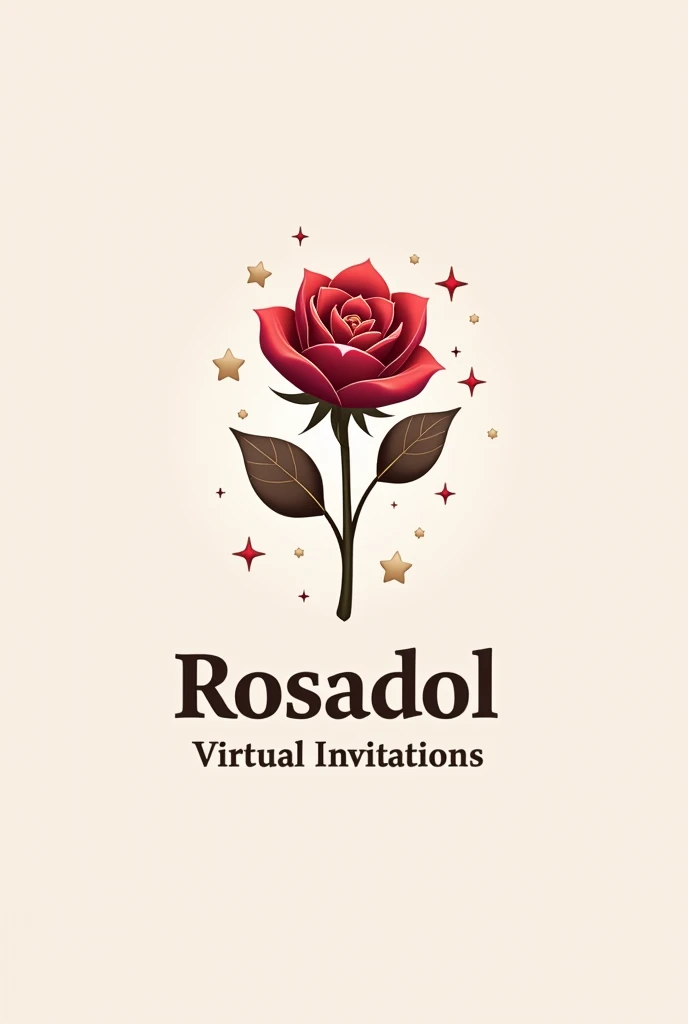 A logo where a rose is fused, a gift, a magic wand and the name is ROSADOL VIRTUAL INVITATIONS