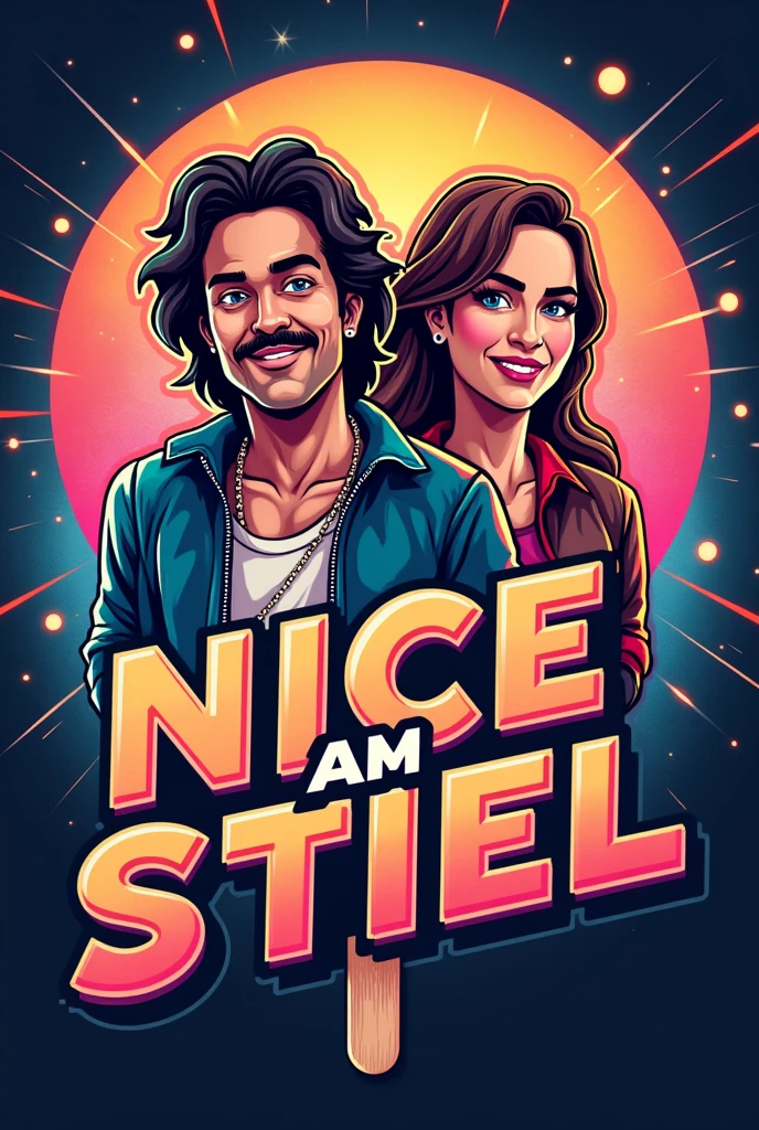 i need a significant logo for a YouTube channel which contains topics like movies, action figures, cosplays, video games and pop culture. the name of channel is NICE AM STIEL which is a german pun for a popsicle which means EIS AM STIEL in german. please visualize a proper logo with the likeness of a popsicle and everything I mentioned in the description. Be sure that the logo looks like two 80's characters kike Bill & Ted from the movie BILL AND TED'S EXCELLENT ADVENTURE made out of popsicle, one has a mustache and a light skin tone the other has long hair and a brown skin tone but most importantly the Logo as to feature the name NICE AM STIEL