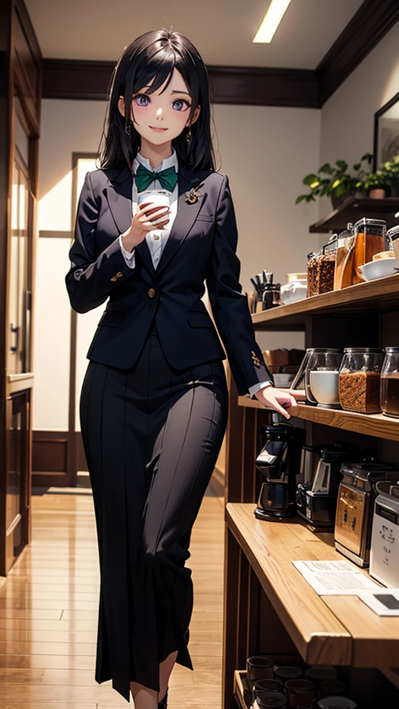 (最高masterpiece, Highest quality,Official Art),(Attractive woman),((masterpiece, Highest quality))、 One female、((28 years old))、Head to Knee、Attractive woman、smile、Purple eyes、Black Hair、Half-up hairstyle、Black suit、Black long skirt、A bow tie、Emerald green stone in the center of the tie、Are standing、 coffee shop、Near and far in the air、Great illustrations、Light、Light、Light、