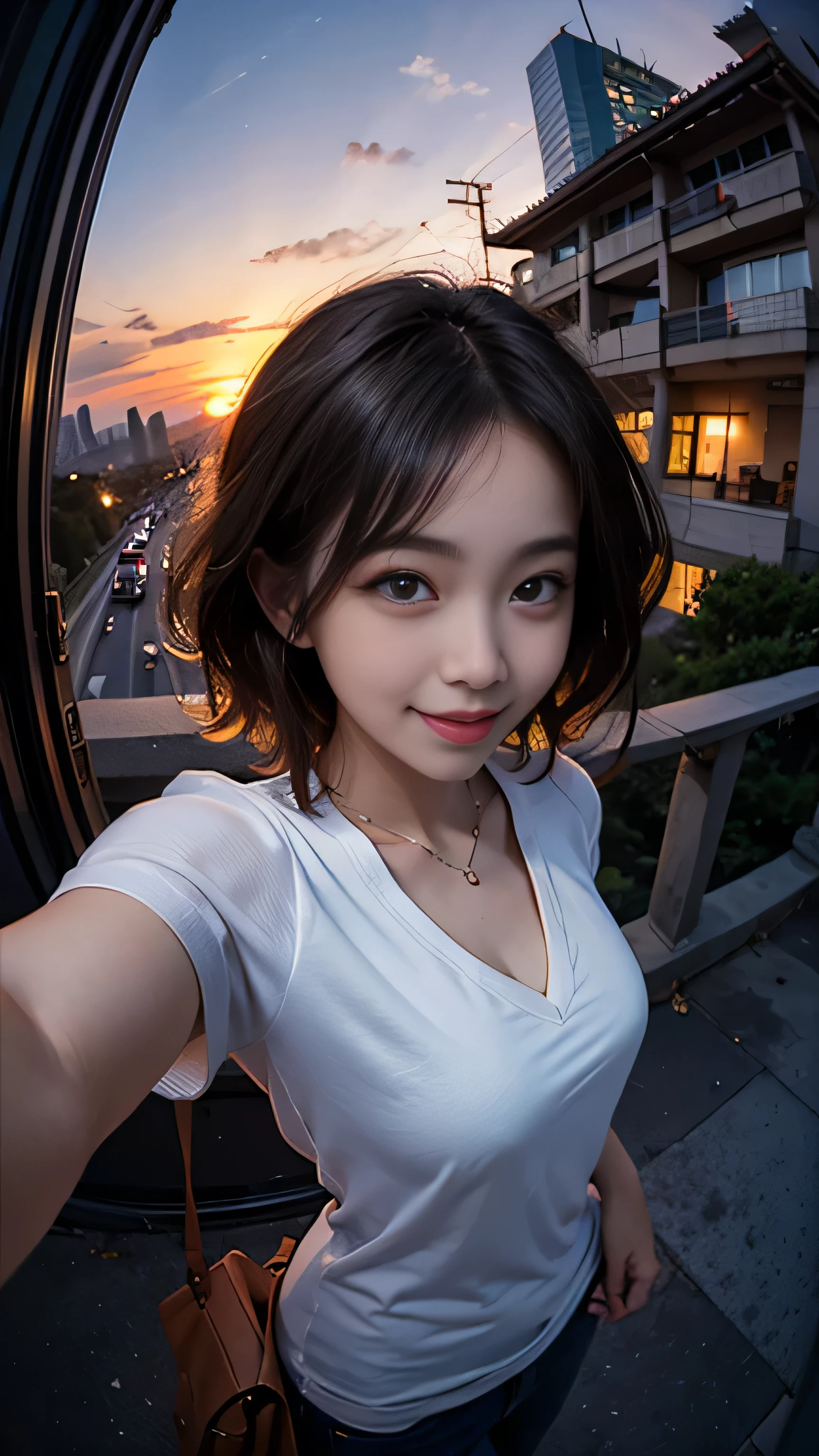 One girl, Korean, Fisheye Lens, Selfie, Wind, Messy Hair, sunset, Cityscape, (Aesthetics and atmosphere:1.2),smile