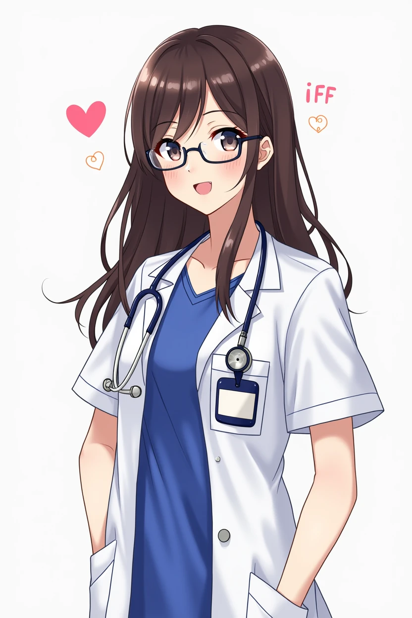 1girl, woman, focus on face and upper body, beautiful brunette, long hair, wearing a white doctor's coat with short sleeves, and an ID-badge (dark blue on top, white on bottom), royal blue T-shirt and glasses, stetoscope around neck, anime style, happy emotion, transparent background
