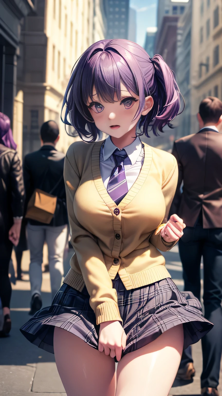 (Very detailed CG Unity 8K wallpaper),(masterpiece), (Highest quality), (Very detailed), (Best illustrations),(Best Shadow)、Large Breasts、crowd、(1. Having her skirt lifted by two men.2)、Embarrassed and blushing。Purple eyes and very short purple hair、White blouse、Blue tie、Checked mini skirt、Beige cardigan、Dynamic Angle