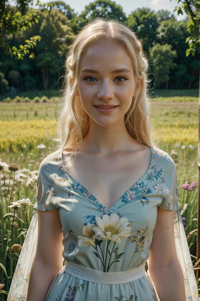 detailed beautiful girl, 1girl, girl with long flowing blonde hair, beautiful blue eyes, delicate facial features, soft smile, wearing a white country-style sundress, in a field of wildflowers, sunlight streaming through, natural lighting, vibrant colors, serene countryside landscape, rolling green hills, blue sky with fluffy white clouds, birds flying in the distance, (best quality,4k,8k,highres,masterpiece:1.2),ultra-detailed,(realistic,photorealistic,photo-realistic:1.37),highly detailed facial features,extremely detailed skin texture,dynamic composition,intricate details,natural environment,dramatic lighting,vivid colors,pastoral,soft focus,depth of field,cinematic,ethereal atmosphere