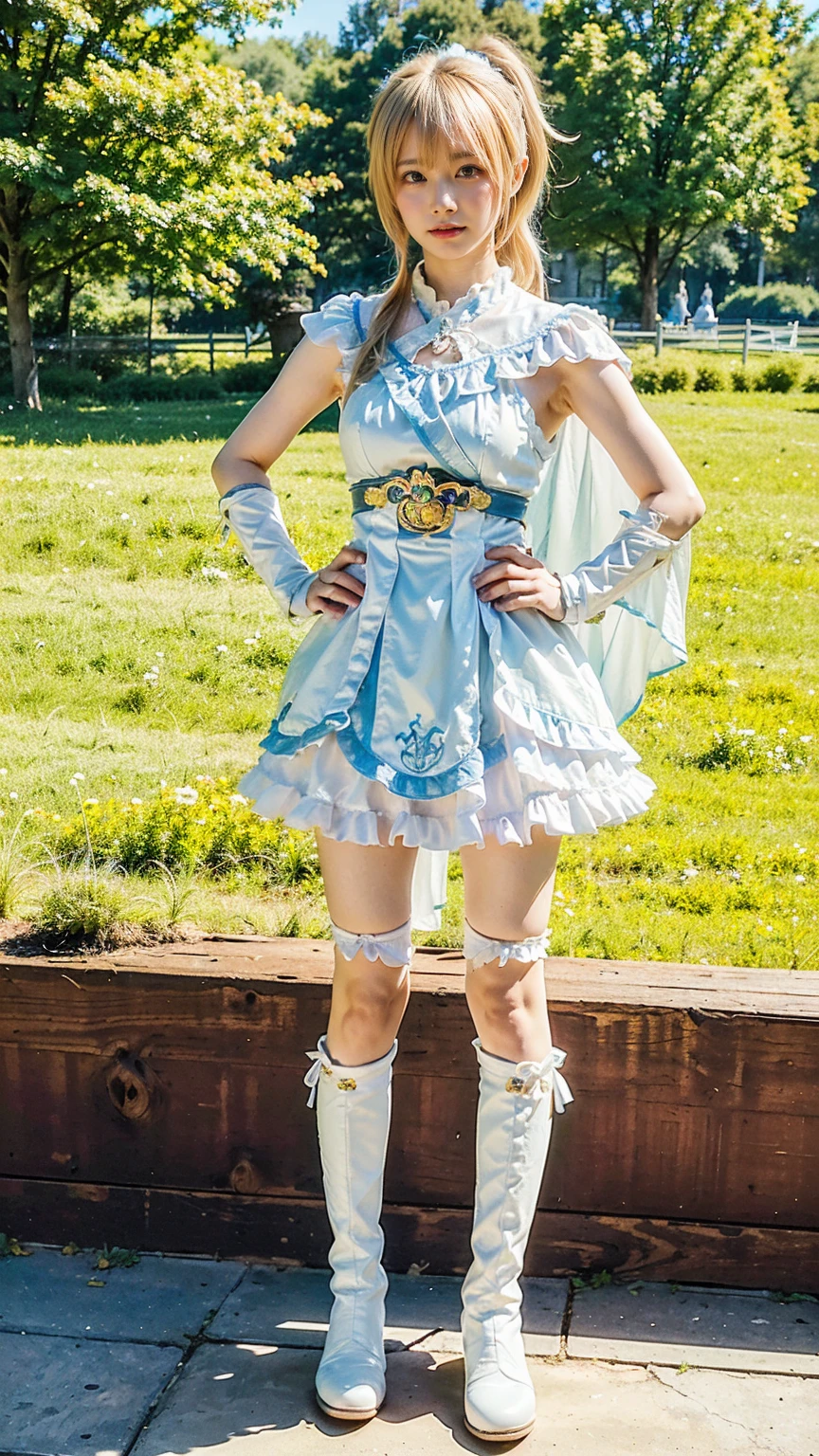 (8k、RAW Photos、Highest quality、masterpiece:1.2)、(Realistic、Realistic)、1 person、((Blonde、White and light blue、garden、Frills、Cape、ponytail、mini skirt、Thin legs、whole body、boots、View from the front、Looking into the camera、Stand with hands on hips))、cute