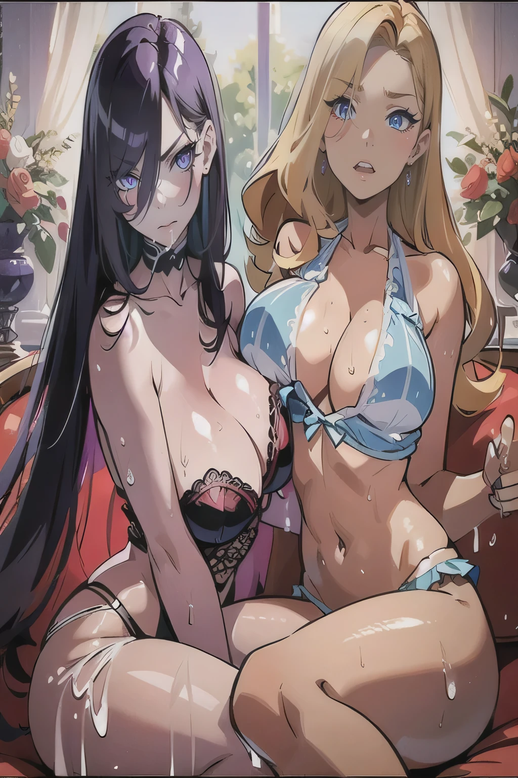 2girls, (black hair, purple eyes), (blonde hair, blue eyes), lingerie, kissing