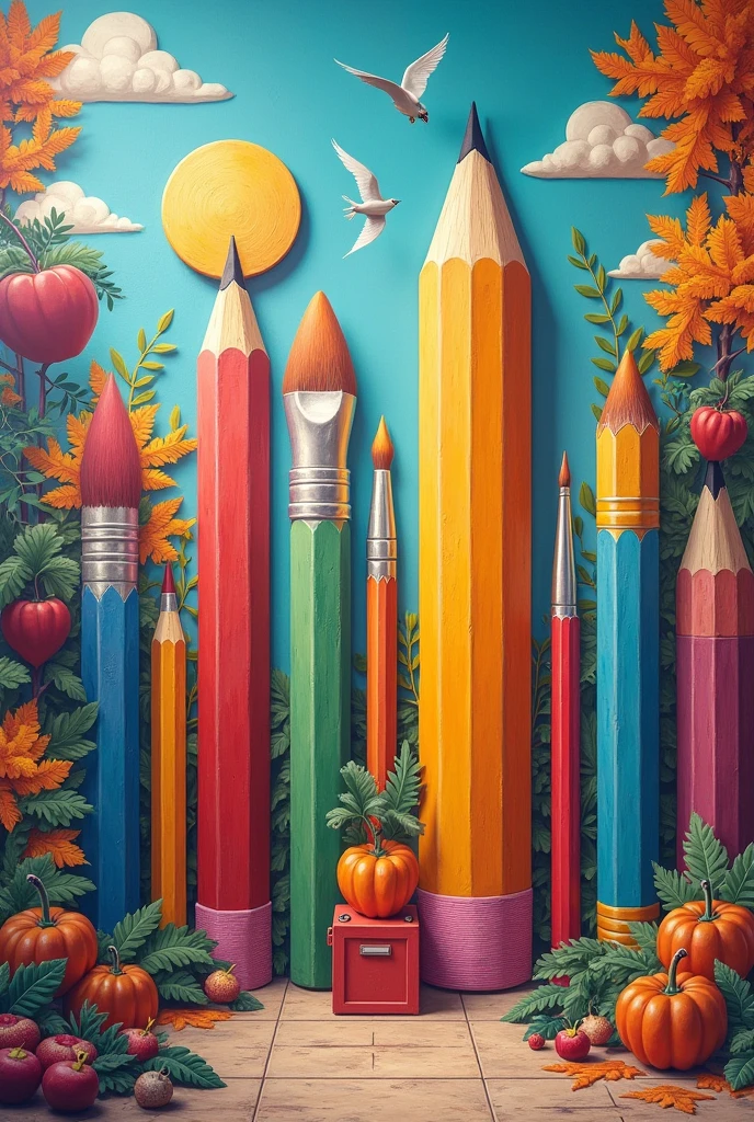 Mural with giant school supplies and art 