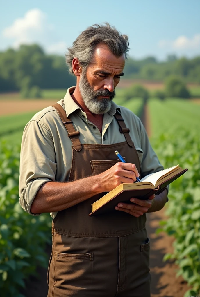 a farmer man taking notes in his notebook looking at the notebook
