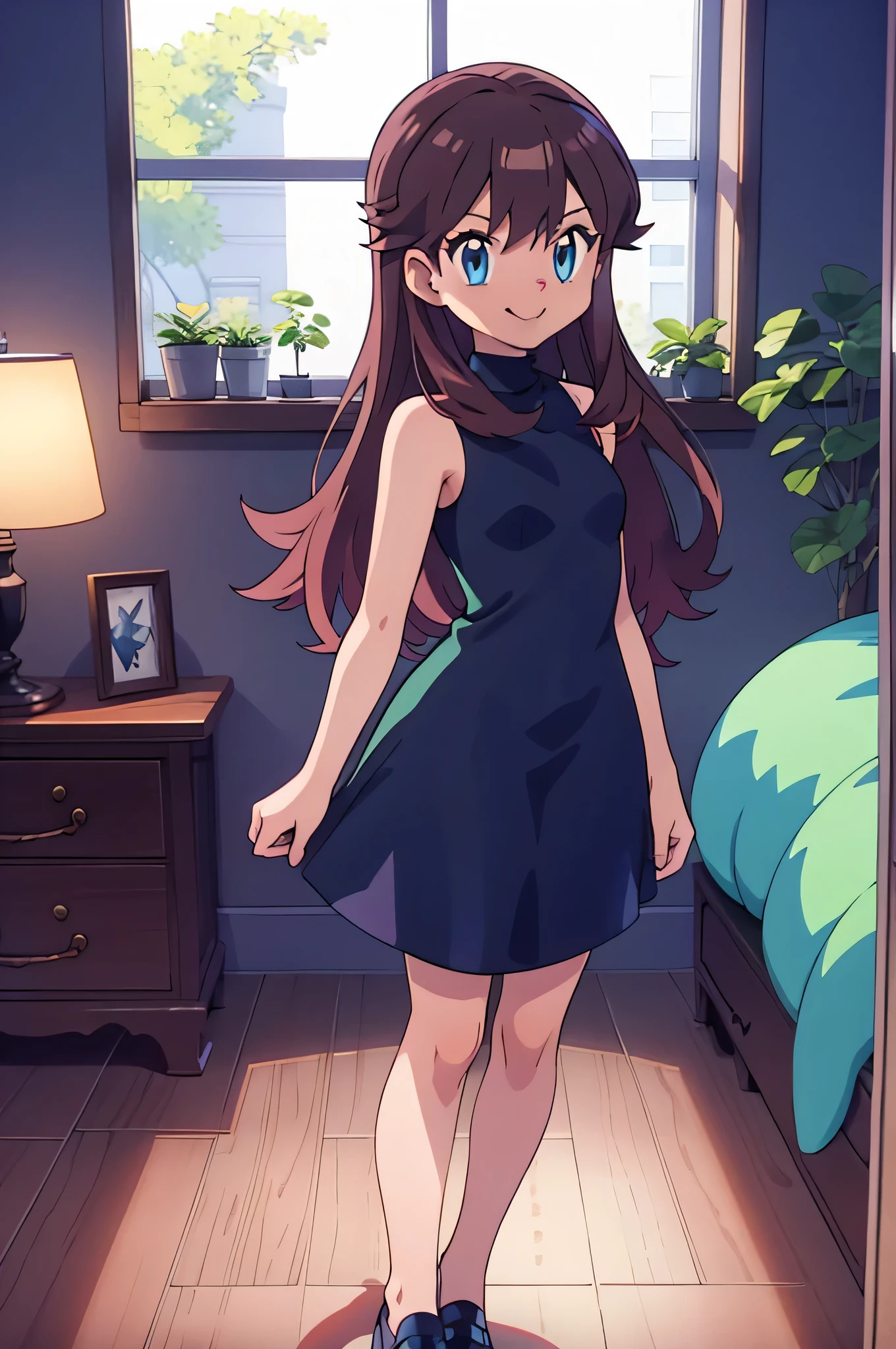 (masterpiece, best quality), intricate details, 1girl, green (pokemon), brown hair, blue eyes, looking at viewers, standing up straight, sleeveless black skin tight dress, smile, indoor bedroom, pokemovies, window at night
