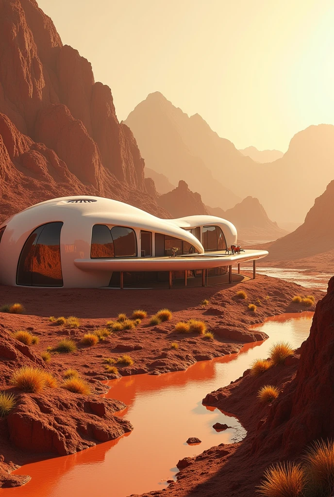 A HOUSE FOR THE FUTURE THAT MEETS THIS: Martian landscape: Imagine your house located in a Martian environment with ochre-colored skies, mountains on the horizon, and a light atmosphere that suggests an air different from that of Earth. The windows of the house could show views of a Martian landscape with strange vegetation and rivers reflecting the light of a weaker, redder sun..

Fusion Architecture: The house could mix elements of terrestrial architecture with Martian touches, as translucent dome structures that filter Martian sunlight, curved and organic walls, and materials that appear to be made of a mixture of extraterrestrial glass and metal.

advanced technology: Include futuristic technological devices and gadgets in your drawing, as floating screens, holographic communication systems, and smart furniture that adapts to the user&#39;s needs. The house could have an internal climate control system that simulates different seasons of the year, adapting to the martian aridity.

Extraterrestrial Garden: Think of an indoor or outdoor garden where exotic plants brought from Mars grow., with flowers that glow softly in the dark or trees that have metallic leaves that capture the little Martian sunlight. This garden would be an oasis of life in the arid environment of the planet.

Feeling of Nostalgia: The house could reflect a certain air of nostalgia for the Earth., with objects and decorations reminiscent of the past, like vintage style furniture, photographs or paintings showing earthly landscapes. This is mixed with Martian elements to create a home that is both a refuge from the past and a vision of the future..