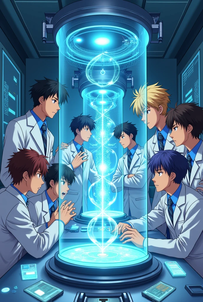 Create a group of 7 male friends creating clones in a laboratory with the anime style