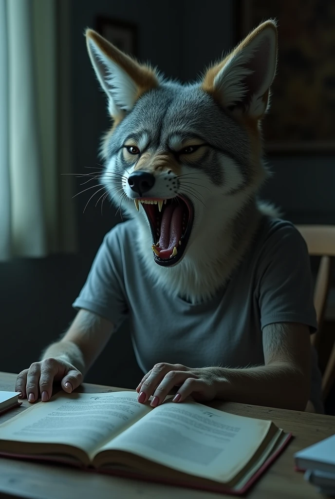 A coyote sits on a table in a skirt and cries with his mouth open and tears. 8k photography. Details. masterpiece. The grey skin and hair look real. Minimum light. Bedroom room. humanoid. Female Coyote. woman body. tears. Sitting at the table with books in front of her. Open mouth lamenting crying. Tears are clearly seen. Detail of crying